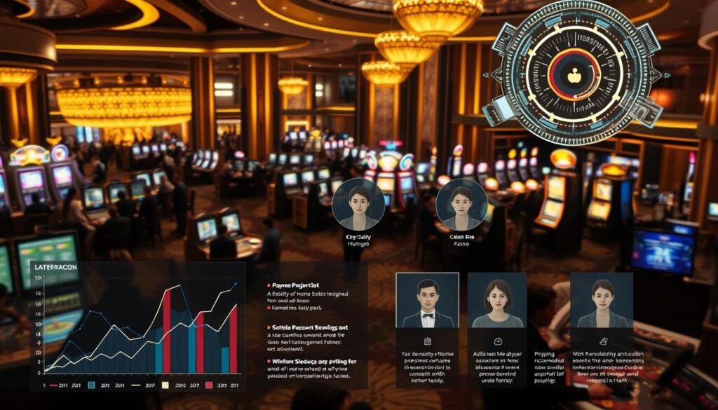 A detailed analysis of player behavior and preferences within the Glowin Beaute entertainment complex. A bustling casino floor bathed in a warm, golden glow, with sophisticated patrons engaged in various games of chance. In the foreground, visualization charts and graphs depict patterns of player activity, highlighting key insights into their decision-making processes. The middle ground features individual player profiles, each represented by an abstract avatar, showcasing personalized recommendations based on their unique gaming habits. The background reveals the inner workings of the Glowin Beaute's data-driven optimization algorithms, streamlining the player experience through intelligent recommendations and targeted promotions.