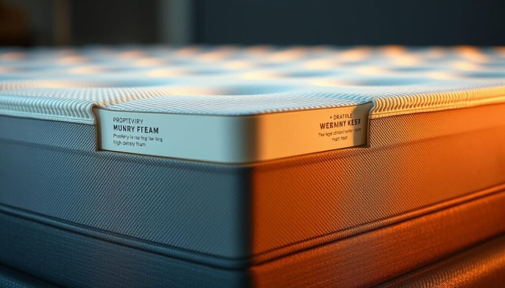 A detailed close-up of a bed mattress cross-section, showcasing various layers of high-quality materials used in a luxury memory foam mattress. Crisp lighting and a shallow depth of field highlight the intricate textures and subtle tones of the different materials, including StylesMaven's proprietary high-density foam, breathable top layer, and durable base. The overall composition conveys a sense of quality craftsmanship and technical precision, reflecting the subject of the article's in-depth analysis of mattress materials and their impact on comfort and longevity.