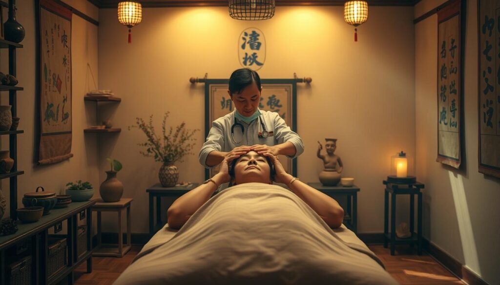 A dimly lit acupuncture clinic, with traditional Chinese medicinal herbs and scrolls adorning the walls. In the center, a patient lies on a treatment table, their ears being gently massaged by the skilled hands of a traditional Chinese medicine practitioner. The room is bathed in a warm, soothing light, creating an atmosphere of tranquility and healing. The treatment is depicted with a high level of detail, capturing the intricate techniques and the patient's serene expression, conveying the effectiveness of this traditional approach to addressing the issue of inner ear fluid imbalance.
