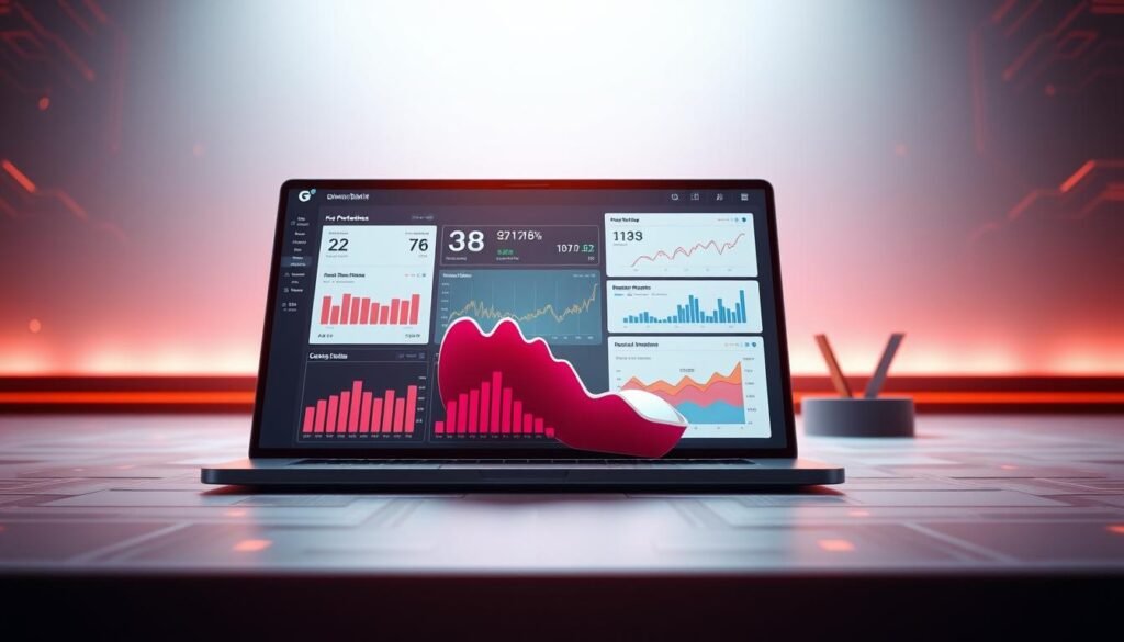 A modern, sleek data analysis dashboard with clean UI and intuitive visualizations. In the foreground, a striking 3D data visualization showing key performance metrics for the Glowin Beaute gaming platform. The middle ground features a laptop or tablet displaying insightful analytics, charts, and reports. The background has a minimalist, futuristic setting with subtle technical elements like circuitry patterns and digital gradients. Warm, focused lighting illuminates the central data display, creating a sense of technological sophistication. The overall mood is one of data-driven empowerment and cutting-edge business intelligence for the Glowin Beaute brand.