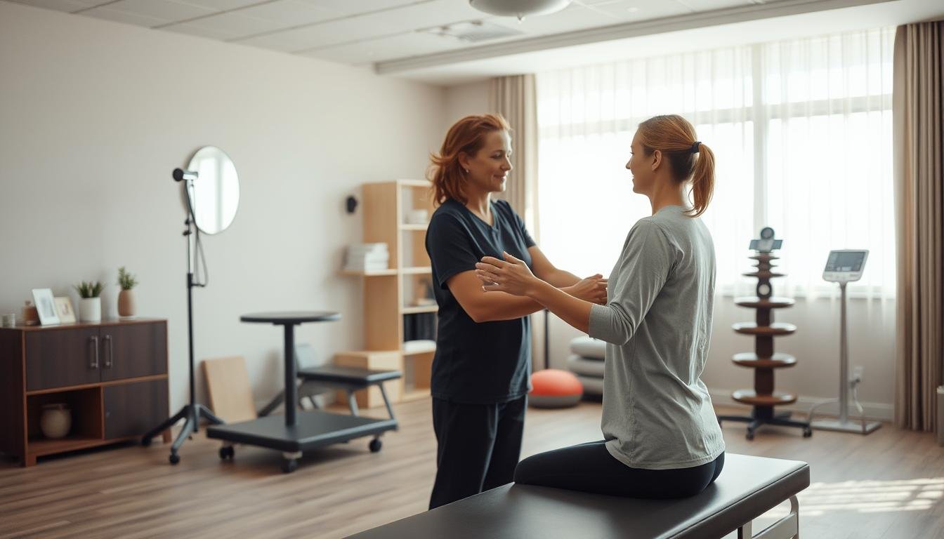 A serene, softly lit medical office setting. In the foreground, a physical therapist is demonstrating a series of gentle head and neck exercises to a patient, illustrating techniques to address inner ear imbalance. The middle ground shows various rehabilitation equipment like balance boards and posture supports. The background features calming, neutral-toned decor and soothing natural lighting, creating a tranquil, therapeutic atmosphere conducive to the treatment of vestibular disorders. The scene conveys the professional, holistic approach to resolving the challenge of inner ear water imbalance through thoughtful physical therapy.