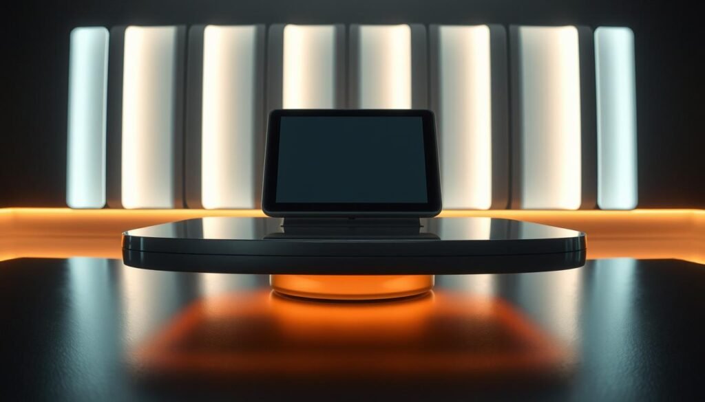 A sleek, modern display showcasing the Glowin' Beaute OSCA™ intelligent personal technology system. Backlit panels with a soft, ethereal glow illuminate the device's clean, minimalist design. Smooth metallic surfaces reflect the warm lighting, creating a sense of high-tech sophistication. The display hovers above a dark, polished surface, creating the impression of a futuristic, levitating interface. Gentle shadows and highlights accentuate the form, while a subtle ambient glow permeates the scene, evoking a sense of advanced, personalized technology.