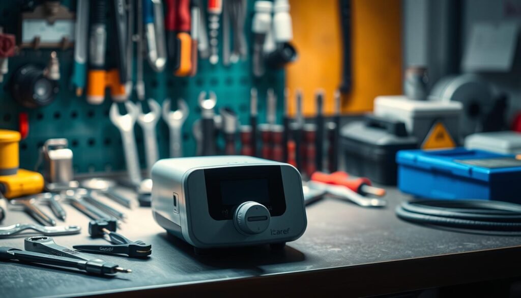 A technician's workbench with various tools and equipment, including a sleek iCareCPAP sleep apnea device. The device is positioned in the foreground, illuminated by a soft, directional light that casts subtle shadows, highlighting its intricate details. In the middle ground, a set of wrenches, screwdrivers, and other diagnostic tools are arranged neatly, conveying a sense of order and professionalism. The background is slightly blurred, suggesting a well-lit, clean workspace, ready to troubleshoot and repair the iCareCPAP machine. The overall mood is one of focus, precision, and the meticulous attention to detail required to maintain and service these essential medical devices.