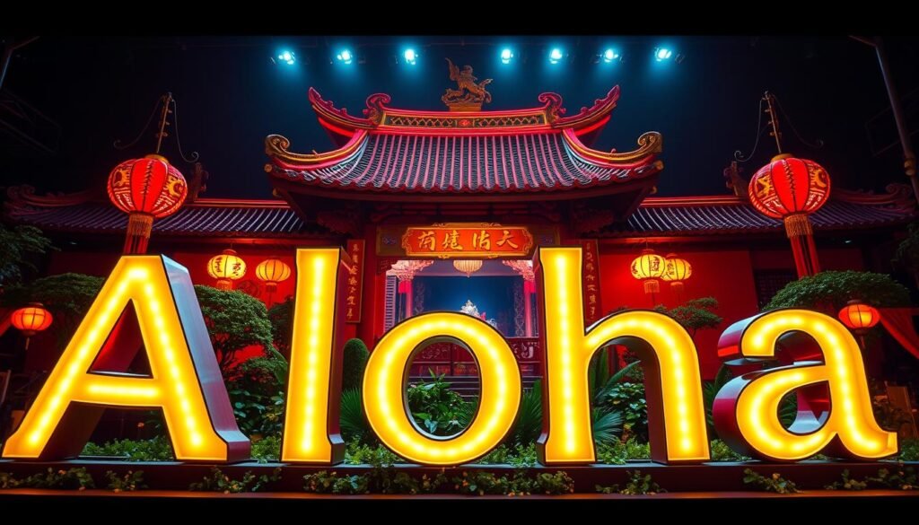 A vibrant, neon-lit display of the Aloha brand name, illuminating a traditional Chinese-style temple display. The foreground features the Aloha logo in bold, glowing characters, flanked by ornate lanterns and red banners. The middle ground showcases a gilded altar with intricate carvings, surrounded by a lush, verdant landscape. In the background, the architecture of the temple rises majestically, with ornamental rooflines and a serene, contemplative atmosphere. The lighting is a harmonious blend of warm, golden tones and cool, neon hues, casting an enchanting glow over the entire scene. The camera angle captures the display in a dynamic, three-quarter view, showcasing the harmonious blend of traditional and modern elements.