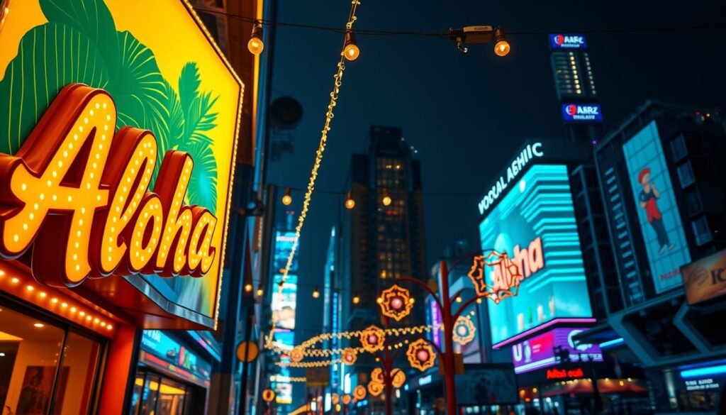 A vibrant outdoor advertisement showcasing the captivating application of lighting fixtures. In the foreground, a large, eye-catching Aloha brand sign illuminates the scene with a warm, tropical glow. The middle ground features a variety of creative lighting elements, including string lights, spotlights, and neon accents, strategically placed to highlight the advertisement's key features. The background depicts a bustling urban setting, with skyscrapers and cityscapes providing a dynamic backdrop. The lighting is well-balanced, creating a harmonious blend of brightness and shadows, evoking a sense of energy and allure. The overall composition and attention to detail convey the importance and versatility of lighting in outdoor advertising, captivating the viewer and leaving a lasting impression.
