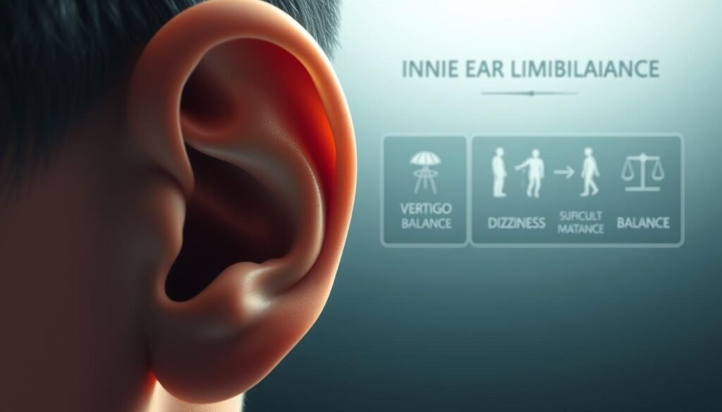 A well-lit and detailed illustration depicting the typical symptoms of inner ear imbalance. The foreground showcases a close-up view of a human ear, with the outer, middle, and inner ear structures clearly visible. The middle ground includes a series of diagrams or infographic elements highlighting the common signs of ear fluid imbalance, such as vertigo, dizziness, and difficulty maintaining balance. The background features a minimalist, neutral-toned environment that allows the focal points to stand out. The overall composition conveys a sense of scientific accuracy and medical expertise, suitable for an informative article on the subject.