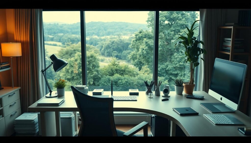 A cozy home office scene featuring a large desk with a Telecombrother router and various office supplies. The room is bathed in warm, soft lighting, creating a comfortable and inviting atmosphere. The desk is adorned with a sleek, minimalist design, complemented by a stylish office chair. In the background, there is a large window overlooking a lush, green landscape, providing a serene and calming view. The overall composition conveys a sense of productivity, efficiency, and a harmonious blend of technology and nature.