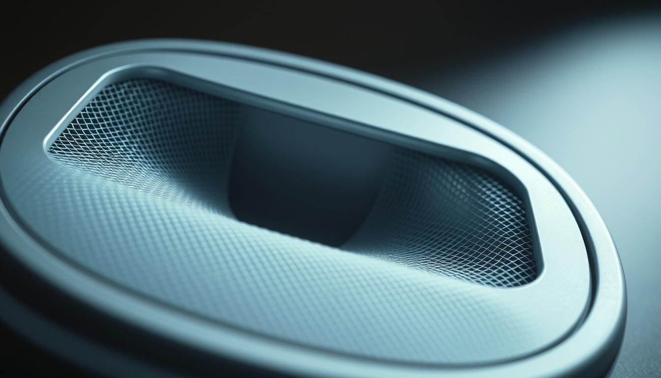 A detailed close-up view of an iCareCPAP CPAP machine filter, meticulously crafted with intricate textures and a sleek, modern design. The filter is positioned prominently in the center, showcasing its intricate mesh structure and subtle gradients. The lighting is soft and diffused, highlighting the filter's delicate components and creating a contemplative, clinical atmosphere. The background is minimal and muted, allowing the filter to be the focal point and emphasizing its importance in the overall CPAP system. The image conveys the technical precision and attention to detail required for proper CPAP filter maintenance and replacement, reflecting the impact of this process on the machine's performance and the user's sleep quality.