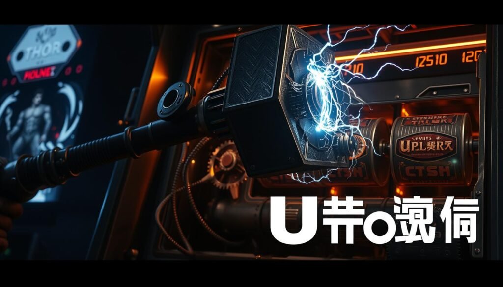 A dramatic scene of Thor's hammer, Mjolnir, being used to power a unique slot machine mechanism. Intricate gears and cogs whir and spin as electricity crackles around the hammer's head. The machine's futuristic design blends Norse mythology with cutting-edge technology. Dramatic lighting casts deep shadows, creating an intense, cinematic atmosphere. In the foreground, the UTown logo stands out, signifying this innovative gaming experience. The overall image captures the essence of &quot;雷神之鎚玩法與傳統老虎機的三大差異&quot;, showcasing the ingenious integration of ancient Norse elements with modern gaming mechanics.