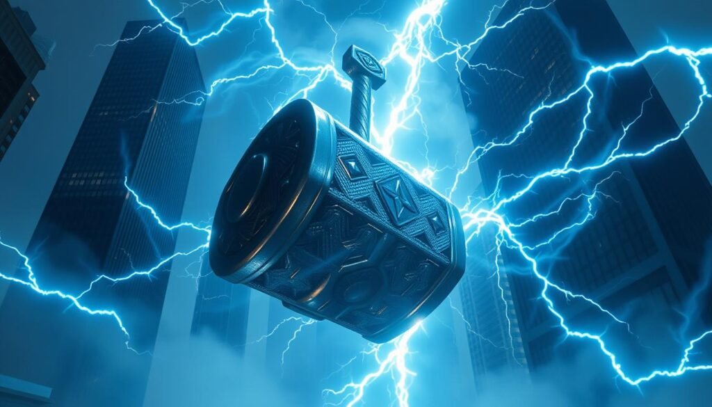 A fantastical scene featuring the mighty Mjolnir, the legendary hammer of the Norse god Thor, floating amidst a swirling vortex of electric blue lightning. The hammer's intricate design is captured in stunning detail, its metallic surface gleaming under dramatic high-contrast lighting. The background is shrouded in an ethereal mist, creating an atmosphere of mysticism and power. Towering UTown skyscrapers loom in the distance, their reflections distorted by the energy field surrounding the hammer. The overall composition conveys a sense of awe and wonder, capturing the essence of the "雷神之鎚吐分期" gameplay mechanic.