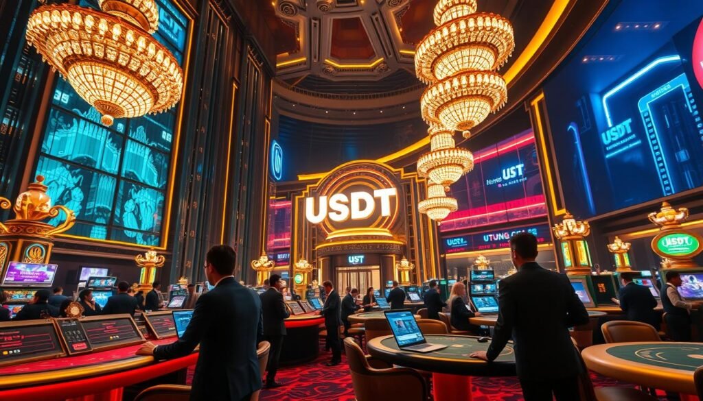 A grand and opulent USDT crypto casino, the UTown entertainment complex stands tall, its gleaming façade reflecting the neon-lit night sky. Lavish interiors feature sleek gaming tables, glittering chandeliers, and well-dressed patrons engaged in high-stakes digital transactions. The atmosphere exudes an air of exclusivity and security, with state-of-the-art systems safeguarding the flow of USDT crypto assets. A compelling fusion of luxury and technological innovation, this premier crypto casino promises a thrilling, yet safe, gaming experience.