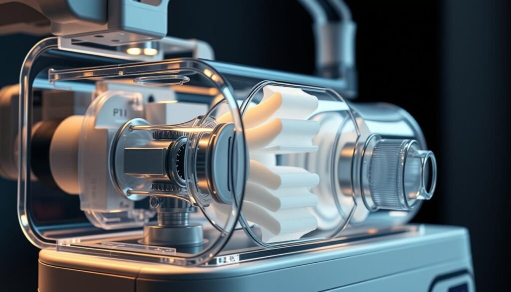 A high-quality, detailed image of the iCareCPAP sleep apnea machine's filtration system. Showcase the intricate inner workings, with a transparent housing revealing the multi-stage filtration process. Emphasize the precision engineering and advanced materials used, conveying a sense of technical sophistication. The image should be well-lit, with a clean, clinical aesthetic that highlights the device's functionality. Capture the system from various angles, showcasing its modular design and ease of maintenance. Portray the filtration system as a critical component that ensures the machine's optimal performance and patient comfort.