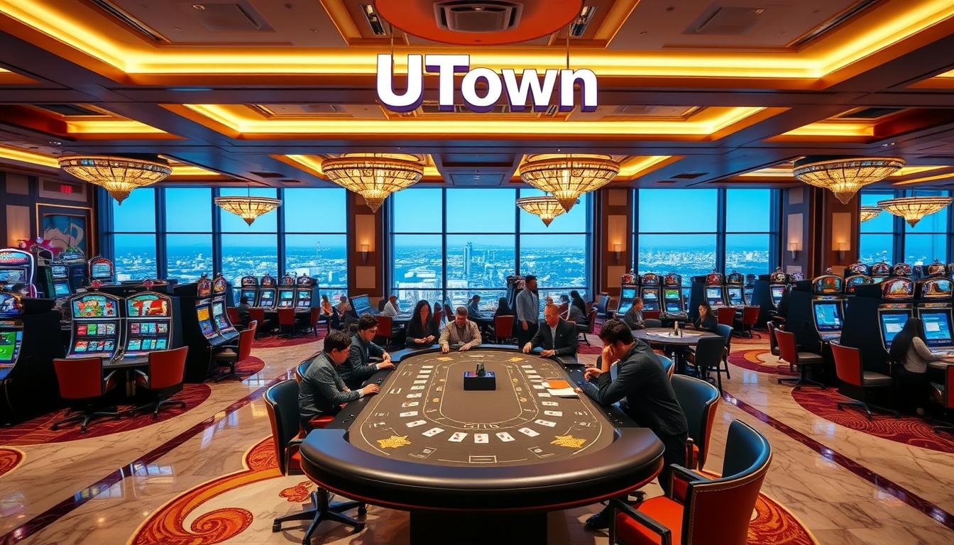 A lavish, modern-looking casino interior with a prominent &amp;amp;amp;quot;UTown&amp;amp;amp;quot; brand signage. The foreground features a sleek, high-end gaming table with dealers and players engaged in a lively card game. The middle ground showcases an array of colorful slot machines and electronic gaming terminals. The background is a panoramic view of the casino's luxurious decor, with chandeliers, marble floors, and floor-to-ceiling windows offering a glimpse of a bustling city skyline. The lighting is warm and inviting, creating an atmosphere of excitement and anticipation. The overall scene exudes a sense of sophistication and entertainment, perfectly capturing the essence of a premium USDT casino experience.