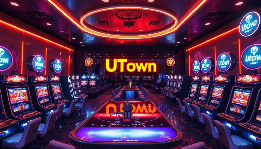 A modern, neon-lit casino interior with a prominent &quot;UTown&quot; branding on the walls. The scene features a large central gaming table surrounded by rows of slot machines, all bathed in a warm, atmospheric lighting. Sleek, chrome accents and touchscreen interfaces create a futuristic, high-tech ambiance. Subtly placed USDT logos and cryptocurrency-themed decor allude to the casino's focus on digital currency gambling. The overall composition emphasizes the immersive, luxurious experience of this cutting-edge USDT crypto casino.