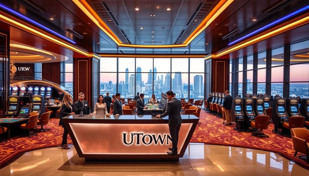 A modern, sleek and inviting casino interior with warm lighting and luxurious furnishings. In the foreground, a team of attentive, professional-looking customer service representatives greet guests at a stylish reception desk adorned with the UTown logo. The middle ground features a bustling gaming floor with tables and slot machines, while the background showcases a panoramic view of the city skyline through floor-to-ceiling windows. The overall atmosphere conveys a sense of sophistication, comfort and world-class service.