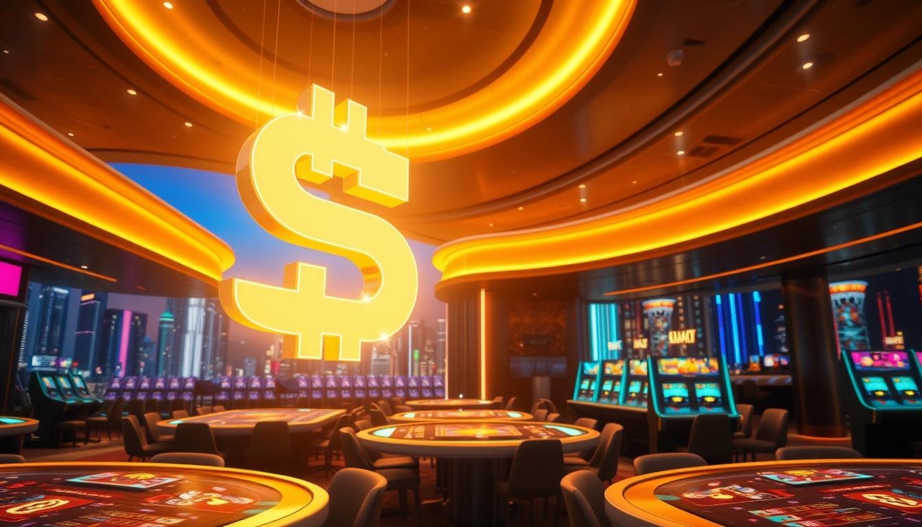 A modern, sleek casino interior with a vibrant, futuristic atmosphere. The main focus is a central, gleaming USDT cryptocurrency symbol suspended in the air, casting a warm glow over the scene. In the foreground, stylized gaming tables with virtual holographic displays invite players to engage with the casino's digital experiences. The background features a panoramic city skyline of neon-lit high-rises, conveying the cutting-edge, metropolitan setting of UTown, Taiwan's premier USDT cryptocurrency casino.