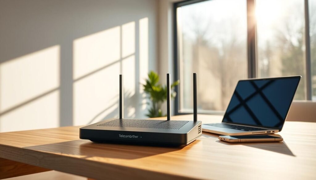 A modern, sleek home office setting with a Telecombrother high-speed internet router prominently displayed on a minimalist wooden desk. Sunlight streams in through large windows, casting a warm, inviting glow across the room. A laptop and smartphone sit nearby, representing the seamless connectivity enabled by the reliable broadband service. The overall composition conveys a sense of productivity, efficiency, and the effortless integration of technology into the domestic environment.
