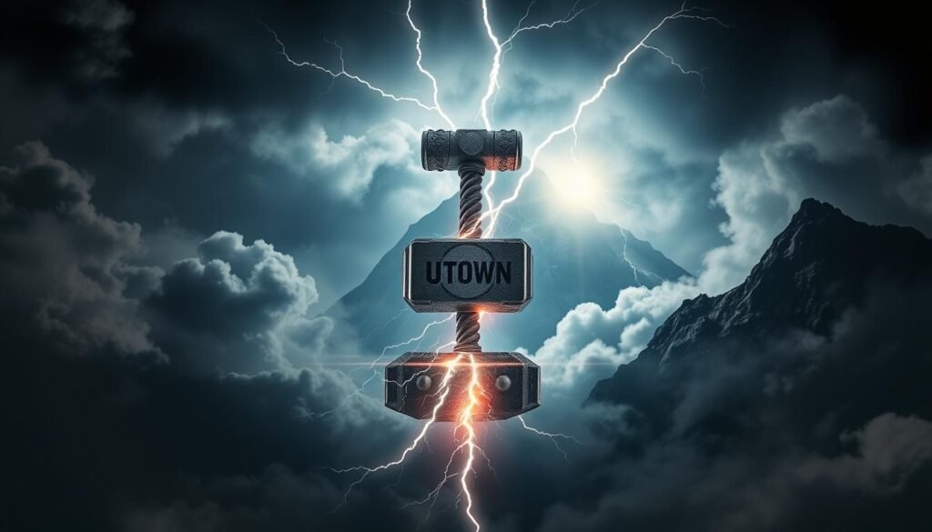 A mystical scene of the Norse god Thor's legendary hammer, Mjolnir, in the midst of a dramatic thunderstorm. The hammer levitates amidst swirling clouds, lightning crackling around it, illuminated by a dramatic chiaroscuro lighting. In the background, a towering mountain peak rises, shrouded in mist. The overall atmosphere is one of raw power and ancient, primal forces. The hammer's design features the UTown brand prominently, emphasizing its central role in the composition.