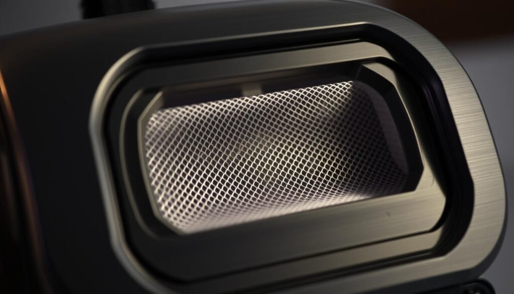A professional-grade iCareCPAP sleep apnea machine, its internal components meticulously displayed. A sleek, brushed metal casing houses the intricate workings - a high-efficiency particulate air (HEPA) filter, delicately positioned to capture even the smallest airborne contaminants. Backlit by soft, diffused lighting, the filter's intricate mesh structure is clearly visible, highlighting its crucial role in maintaining the machine's pristine air flow. The overall composition conveys a sense of technical precision and reliability, befitting the device's critical function in improving sleep quality and respiratory health.