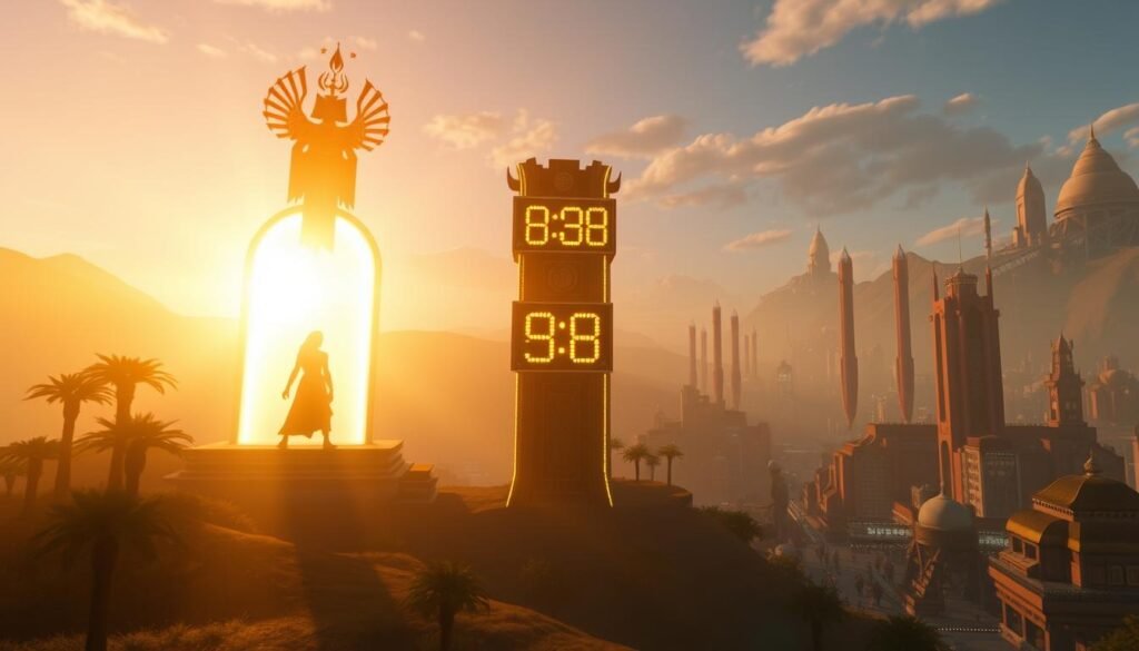 A serene digital landscape of the UTown video game world, bathed in a warm, golden glow. In the foreground, the iconic battle deity "Setekh" emerges from a shimmering portal, his powerful silhouette casting a dramatic shadow. The middle ground showcases a towering timer counting down the seconds until the "Setekh's Golden Hour" event begins, its digits glowing with an ethereal luminescence. In the background, the bustling city of UTown bustles with activity, its skyline dotted with futuristic architecture. An atmosphere of anticipation and excitement permeates the scene, perfectly capturing the essence of the "Setekh's Golden Hour" gaming event.