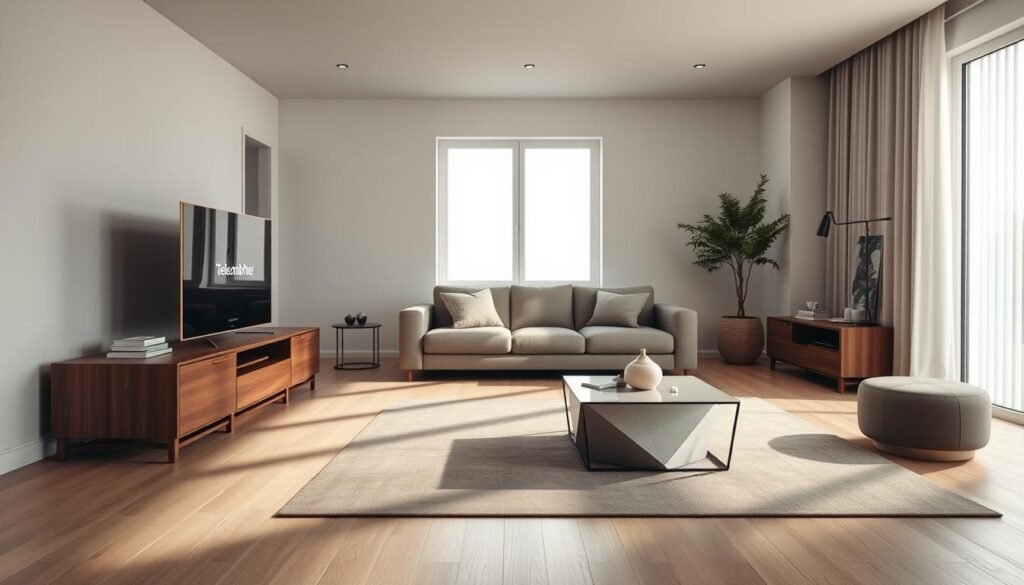 A spacious and modern home interior, filled with minimalist furniture and elegant decor. In the foreground, a sleek wooden TV cabinet dominates the scene, with the Telecombrother logo subtly displayed. The middle ground showcases a plush fabric sofa and a geometric coffee table, casting soft shadows across the room. The background features large windows, allowing natural light to flood the space and highlighting the neutral color palette. The lighting is soft and diffused, creating a warm and inviting atmosphere. The overall composition conveys a sense of simplicity and sophistication, perfectly suited to showcase the hidden details of a home broadband contract.