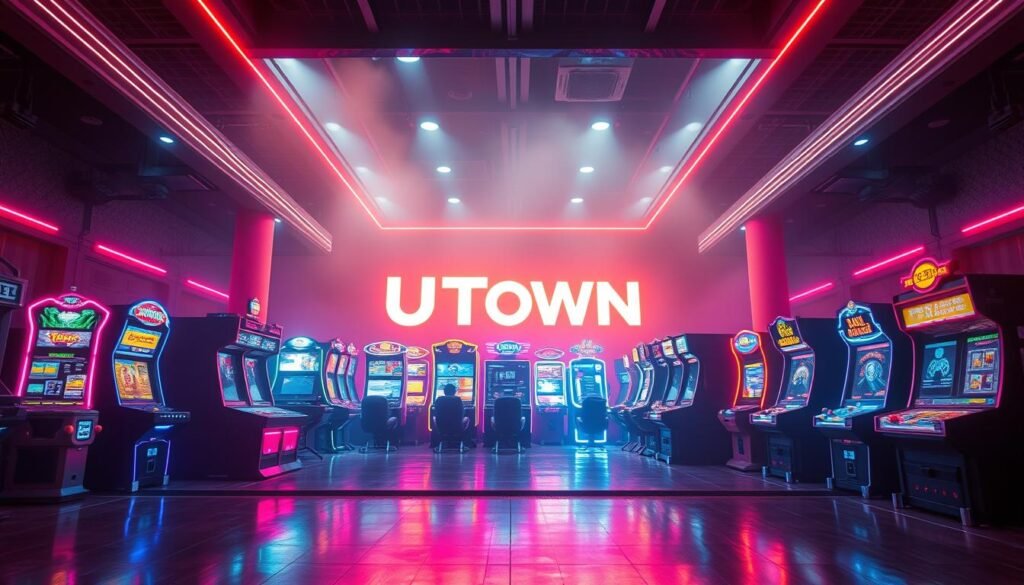 A striking neon-lit arcade scene showcasing a variety of vibrant and engaging electronic games. In the foreground, the bold &amp;amp;amp;quot;UTown&amp;amp;amp;quot; logo illuminates the entryway, inviting players to step into a world of high-stakes gaming. The middle ground features an array of sleek, modern gaming cabinets, each with its own unique visual style and mechanics. The background is bathed in a hazy, atmospheric glow, creating a sense of immersion and excitement. Neon accents and dynamic lighting enhance the futuristic, high-energy ambiance, capturing the thrill of the BNG electronic gaming experience.