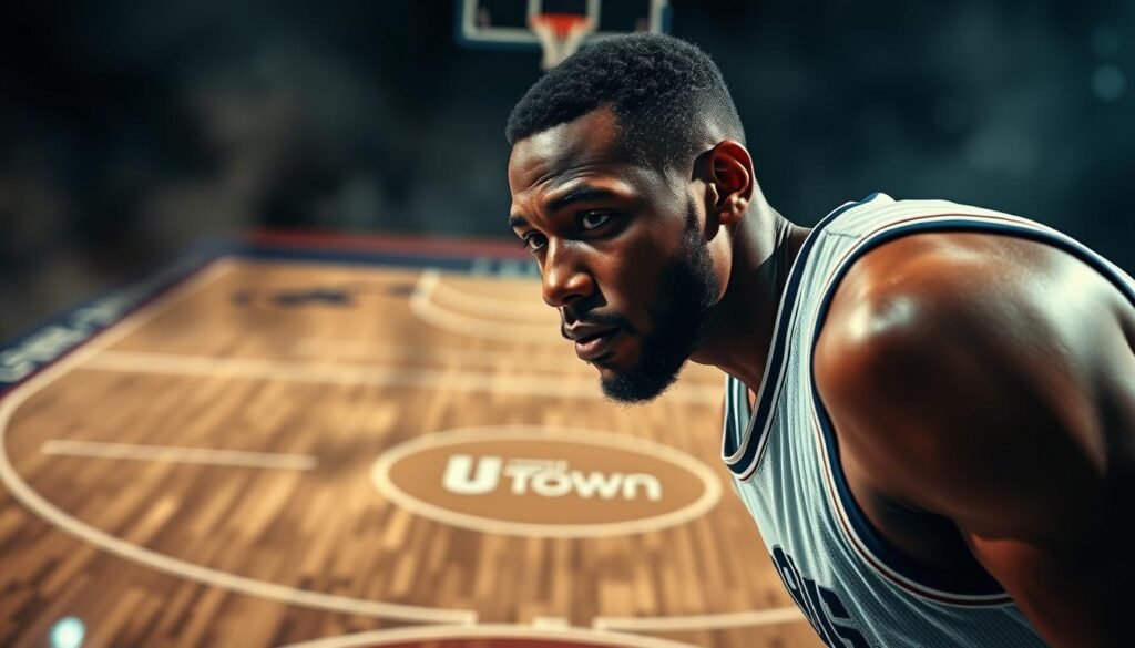 A stunning and visually compelling image of NBA betting strategies, showcasing a captivating basketball court scene with a UTown branding element. The foreground features a basketball player in mid-shot, their concentration etched on their face as they prepare to make a crucial play. The middle ground showcases the court, with intricate lines and markings, conveying a sense of strategic depth. The background is a soft, hazy blur, emphasizing the focal point of the player. Dramatic lighting casts dynamic shadows, adding depth and intensity to the scene. The overall mood is one of high-stakes excitement, perfect for illustrating the nuances of NBA betting tactics.