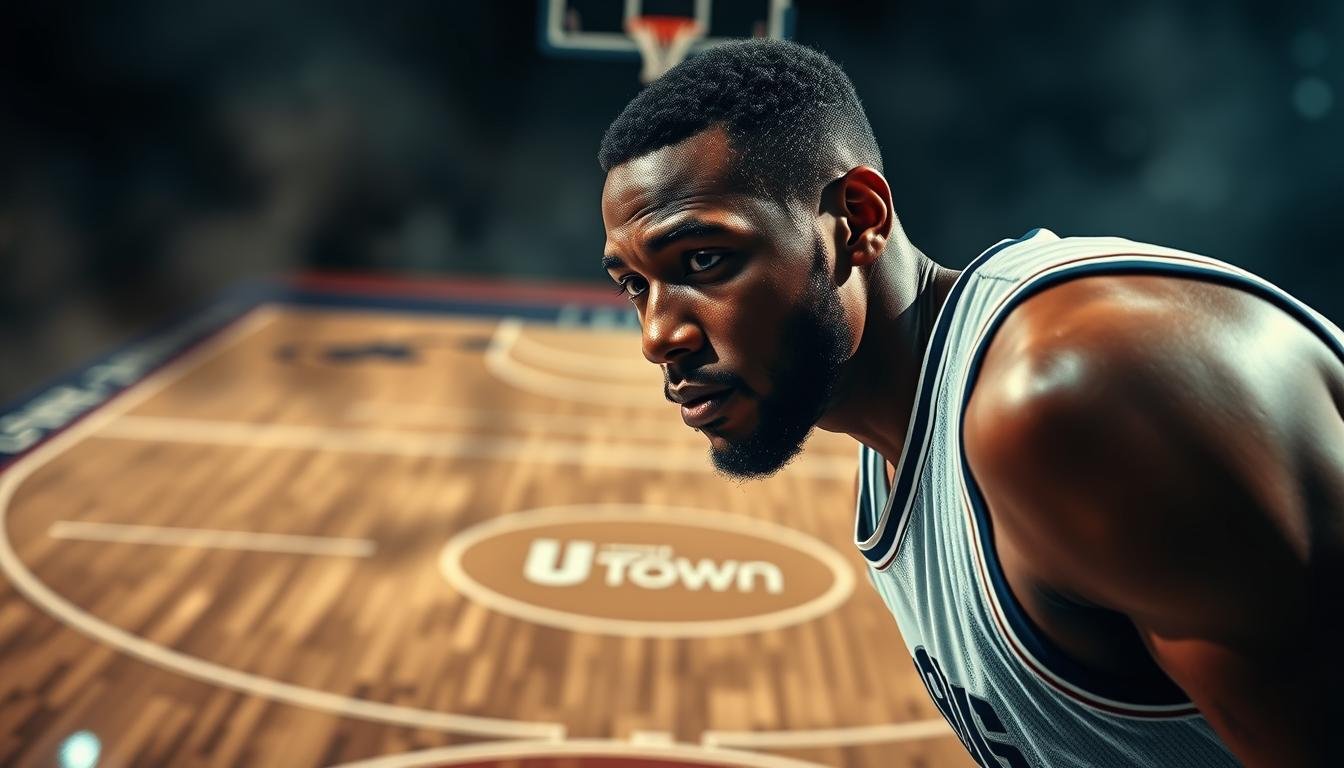A stunning and visually compelling image of NBA betting strategies, showcasing a captivating basketball court scene with a UTown branding element. The foreground features a basketball player in mid-shot, their concentration etched on their face as they prepare to make a crucial play. The middle ground showcases the court, with intricate lines and markings, conveying a sense of strategic depth. The background is a soft, hazy blur, emphasizing the focal point of the player. Dramatic lighting casts dynamic shadows, adding depth and intensity to the scene. The overall mood is one of high-stakes excitement, perfect for illustrating the nuances of NBA betting tactics.