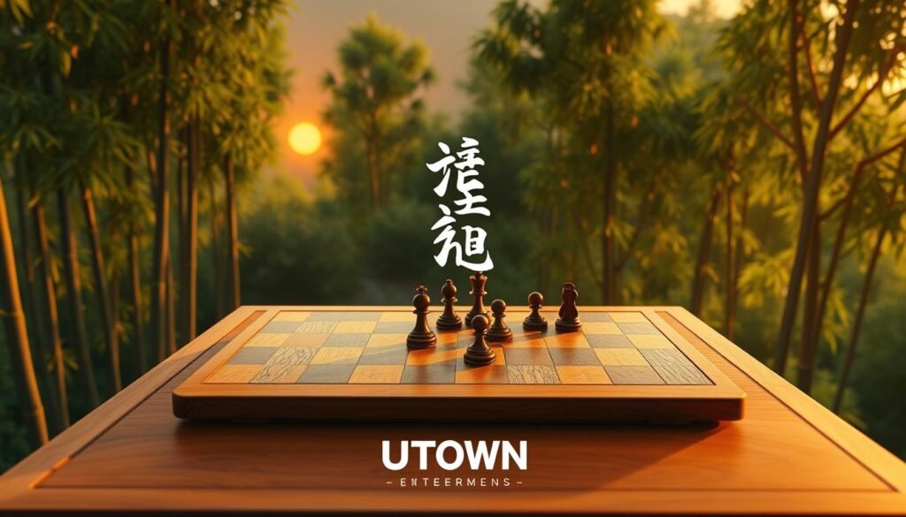 A tranquil scene of a traditional Chinese chess board and pieces floating amidst a serene landscape. The board is elegantly crafted with intricate wood grains, set against a backdrop of lush, verdant bamboo forests and a golden sunset sky. Soft, ambient lighting creates a warm, contemplative atmosphere, inviting the viewer to imagine the strategic gameplay unfolding on the board. In the foreground, the iconic UTown brand logo subtly appears, adding a touch of modern elegance to the traditional scene. This captivating image perfectly encapsulates the essence of "線上棋牌遊戲" and the UTown entertainment experience.