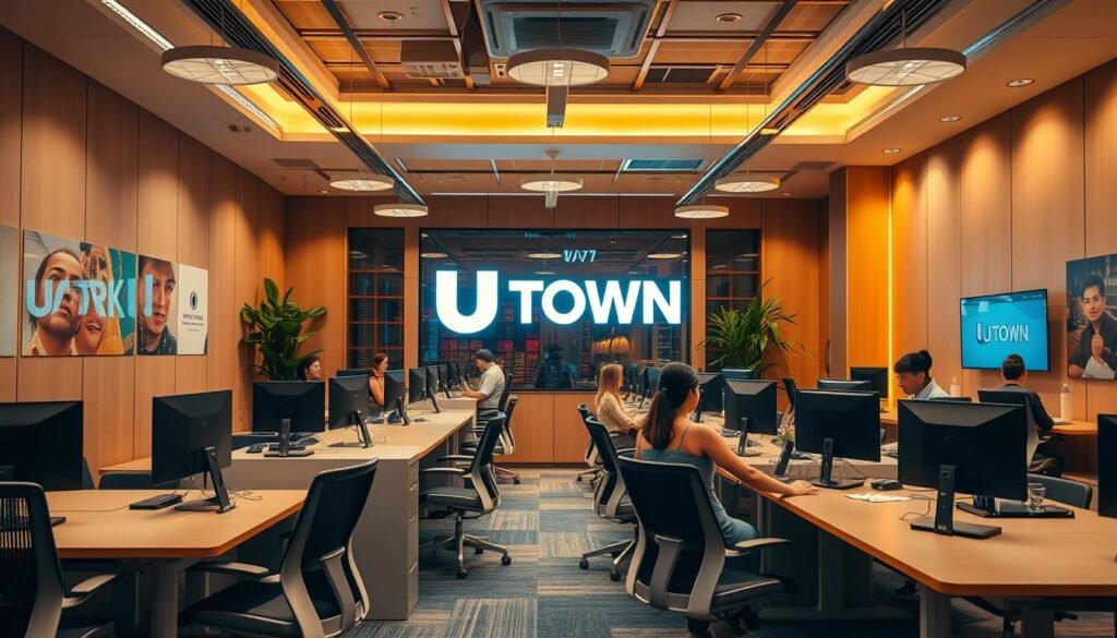 A vibrant and welcoming customer service hub for UTown, a premier USDT entertainment destination. Situated in a warm, modern office space, the scene features a team of attentive and friendly support representatives, ready to assist customers 24/7. Soft lighting from overhead fixtures creates a comfortable atmosphere, while sleek desks and ergonomic chairs suggest a professional and efficient workflow. The space is accented with UTown's signature branding, subtly incorporated into the decor. An open layout promotes collaboration and easy access to the knowledgeable staff, ensuring a seamless and personalized customer experience.