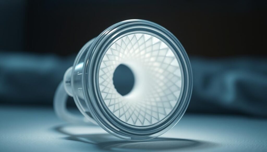 A well-designed and expertly-engineered iCareCPAP respiratory filter, its intricate internal structure visible through a transparent casing. The filter media appears finely layered, expertly crafted to efficiently capture particulates and ensure optimal air flow. Soft lighting from above casts subtle shadows, highlighting the filter's precision engineering. The overall composition conveys the filter's vital role in maintaining the performance and efficacy of a sleep apnea device, a critical component for patient health and comfort.