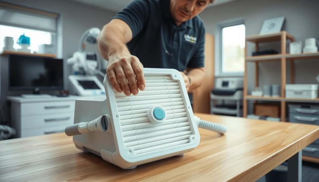 A well-lit, highly detailed image of an iCareCPAP CPAP machine filter replacement service. The scene showcases a technician in a clean, modern medical office carefully removing and replacing the air filter of a CPAP device on a wooden table. The filter has a distinct blue and white design. The background features medical equipment, shelves with CPAP accessories, and soft, natural lighting from windows. The image conveys a sense of professionalism, attention to detail, and the importance of regular CPAP machine maintenance for optimal sleep apnea treatment.