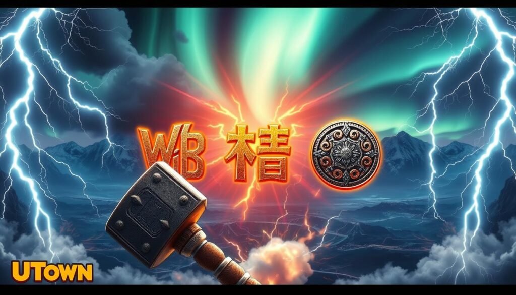 An epic display of lightning and thunder, showcasing the powerful Wild and Scatter symbols of the UTown &quot;雷神之鎚&quot; slot game. In the foreground, the mighty Thor's hammer, Mjolnir, crackles with electric energy, surrounded by swirling storm clouds. The middle ground features the elusive Wild and Scatter symbols, their intricate designs shimmering with a celestial glow. The background is a panoramic vista of a Norse realm, with towering mountains and a majestic aurora borealis illuminating the night sky. Dramatic lighting and a cinematic camera angle capture the awe-inspiring essence of this thrilling game mechanic.