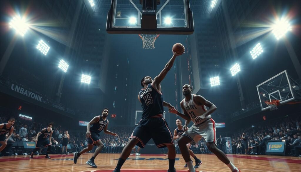Cinematic NBA finals scene with dramatic atmosphere and dynamic lighting. A modern basketball court surrounded by sleek UTown high-rise buildings, with spotlights illuminating the action. Players in full uniform aggressively vying for the ball, their expressions intense. Capture the tension and excitement of the championship game, with a moody, cinematic aesthetic that conveys the high stakes and competitive spirit of the NBA playoffs.