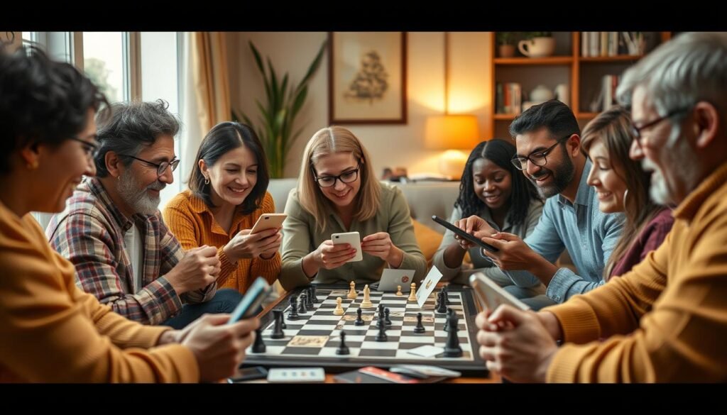 Generate an image of a diverse group of people playing various online chess and card games together.