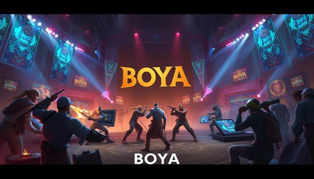 生成一張BOYA博雅棋牌遊戲的競技場景圖片