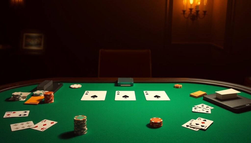 A detailed illustration of the Baccarat card game rules, showcasing the intricate mechanics of the draw phase. Captured in a stylized, minimalist aesthetic with a focus on clean lines and geometric shapes. The scene depicts a green baize gaming table, illuminated by warm, diffused lighting that casts subtle shadows. Playing cards, chips, and other gaming accessories are arranged neatly, hinting at the strategic depth of the game. The overall mood is one of precision, order, and intellectual engagement, reflecting the nuanced nature of the rules being explored.