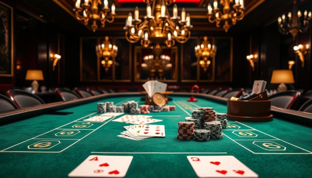 A lavishly detailed tabletop setup showcasing the iconic gameplay of Baccarat. In the foreground, a green felt gaming table with precise markings and dividers, inviting players to place their bets. In the middle ground, a striking array of playing cards, casino chips, and a dealing shoe, all exquisitely rendered. The background features a sophisticated, dimly lit casino ambiance, with elegant chandeliers casting a warm glow over the scene. The overall composition conveys the refined atmosphere and strategic allure of this classic card game. Lit by soft, directional lighting that accentuates the textures and details, creating a visually captivating and immersive representation of the fundamental Baccarat rules.