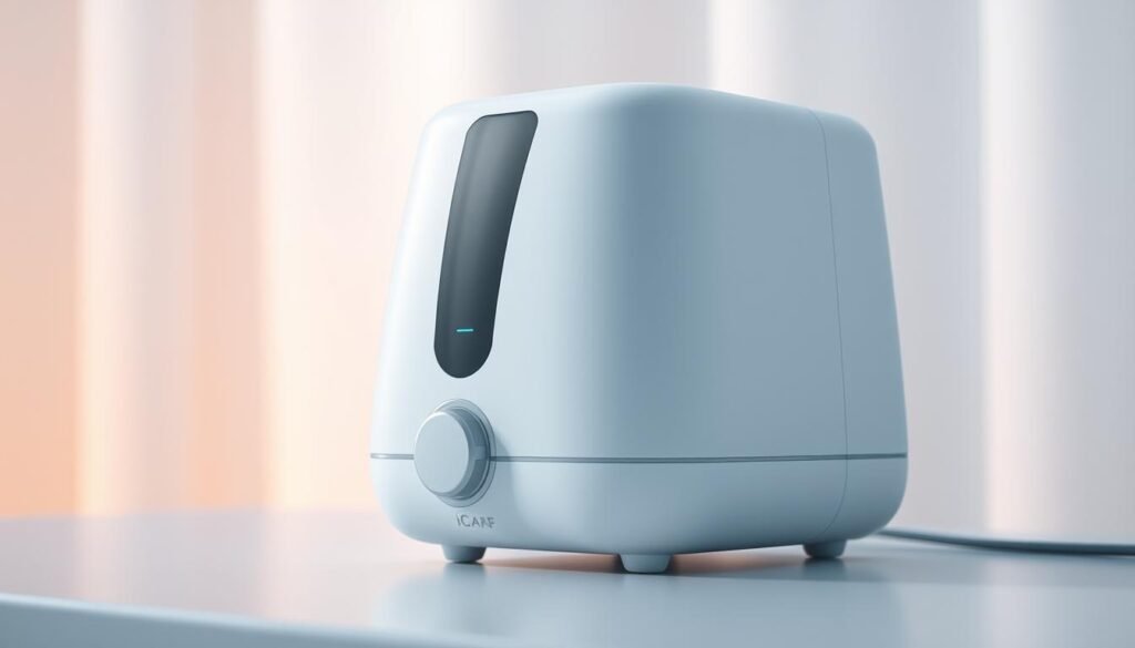 A pristine, high-resolution image of an iCareCPAP humidifier, prominently displayed against a softly blurred background. The humidifier is rendered in stunning detail, showcasing its sleek, modern design with clean lines and a matte finish. Crisp lighting accentuates the subtle curves and textures, creating a sense of depth and dimensionality. The device is positioned at a slight angle, allowing for a clear, unobstructed view of its essential components. The overall atmosphere is one of clinical precision and technological sophistication, underscoring the importance of this respiratory accessory.