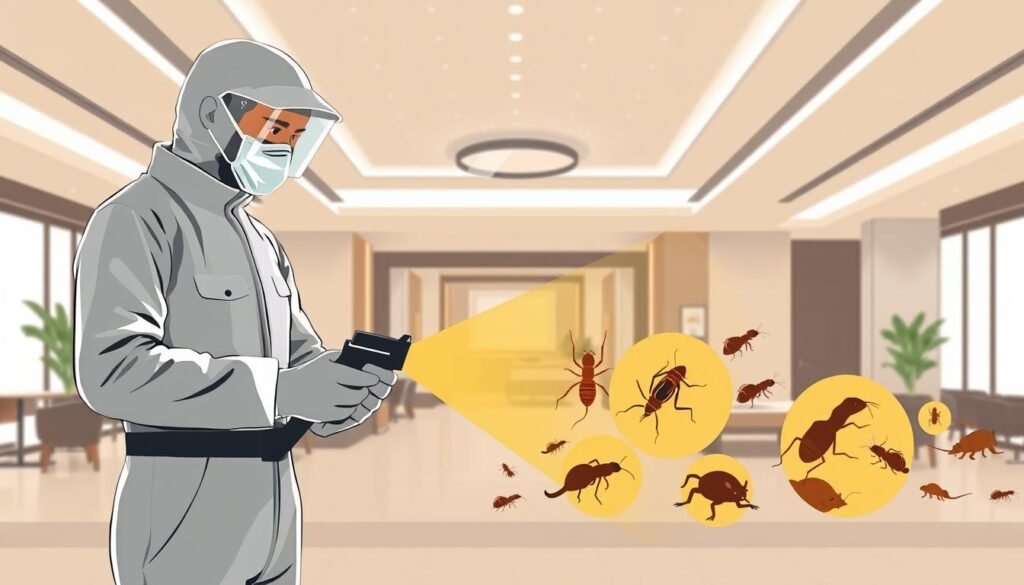 A modern, minimalist illustration depicting the comprehensive pest control services offered by the iCareCPAP company. In the foreground, a professional exterminator in a sleek protective suit and mask is shown carefully applying a targeted treatment. The middle ground showcases a variety of common household pests such as cockroaches, ants, and rodents, each highlighted with scientific accuracy. The background features a stylized architectural interior, conveying the commercial setting where these services are typically provided, such as a hotel or restaurant. The lighting is clean and evenly distributed, highlighting the professional and hygienic nature of the work. The overall tone is one of confidence, efficiency, and attention to detail.