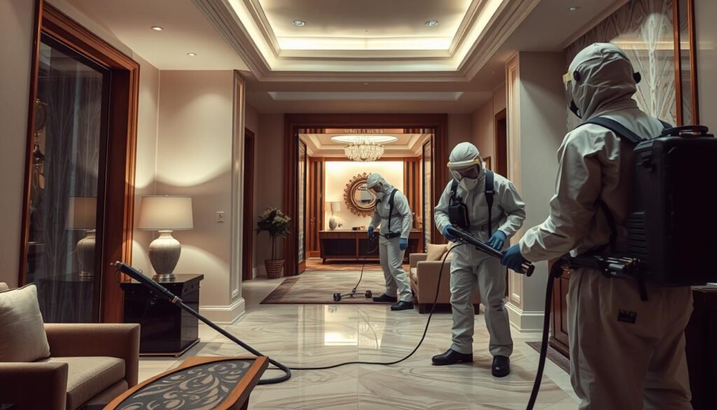 A professional pest control company called "iCareCPAP" operating in a high-end hotel setting. The scene depicts the company's technicians using state-of-the-art equipment and following rigorous safety protocols to efficiently and discreetly eliminate pests, ensuring the hotel's pristine and pest-free environment. The technicians wear protective gear, using specialized tools and methods to target infestations, while the hotel's interior is portrayed with a clean, modern aesthetic, reflecting the company's professionalism and the hotel's commitment to providing a safe and comfortable experience for its guests.
