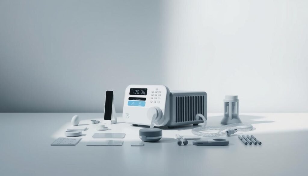 A neatly organized display of the iCareCPAP sleep apnea machine, showcasing its various components and functions. The device rests on a clean, minimalist surface, bathed in soft, diffused lighting that accentuates its sleek, modern design. The background features a soothing, muted gradient, creating a sense of calm and focus. The image should convey a sense of simplicity, functionality, and user-friendliness, reflecting the key aspects of the "常見的睡眠呼吸機問題及解決方案" section.