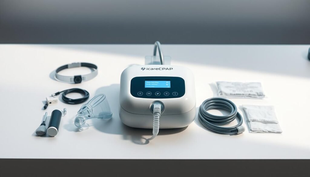 A well-lit, close-up shot of a modern iCareCPAP sleep apnea machine on a clean, minimalist surface. The machine is positioned in the center, with a selection of its key components and accessories neatly arranged around it, including a face mask, tubing, and cleaning supplies. The image conveys a sense of order and attention to detail, reflecting the importance of proper daily maintenance for optimal performance and patient health. The lighting is soft and even, highlighting the sleek, high-tech design of the machine. The overall mood is one of professionalism and care, emphasizing the essential role of the iCareCPAP device in the user's daily sleep health routine.