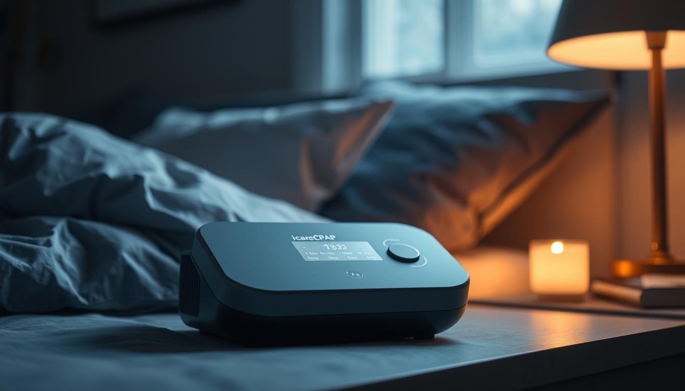A high-resolution, detailed image of an iCareCPAP sleep apnea machine. The device is depicted in the foreground, with a clean and minimalist design featuring a smooth, matte grey body and intuitive touch controls. The machine is positioned on a bedside table, surrounded by a dimly lit, cozy bedroom environment with soft, warm lighting. The atmosphere conveys a sense of comfort and relaxation, emphasizing the machine's role in providing restful sleep. The image showcases the sleep apnea machine's compact size, user-friendly interface, and discreet integration into the bedroom setting.