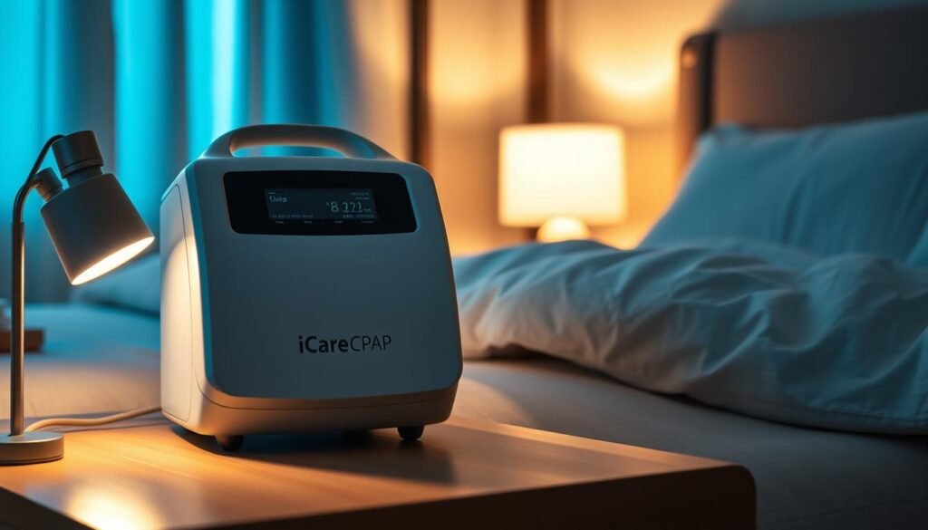 A sophisticated iCareCPAP sleep apnea machine sits prominently in the foreground, its sleek white casing and digital display conveying the advanced technology within. The device is positioned on a bedside table, surrounded by a dimly lit, cozy bedroom environment. Soft, warm lighting from a nearby lamp creates a calming atmosphere, while the bed in the background suggests the machine's purpose in facilitating restful sleep. Subtle details, such as the textured sheets and the gentle curve of the headboard, add depth and character to the scene. The overall composition emphasizes the central role of the iCareCPAP machine in providing multi-modal therapy for sleep-disordered breathing.
