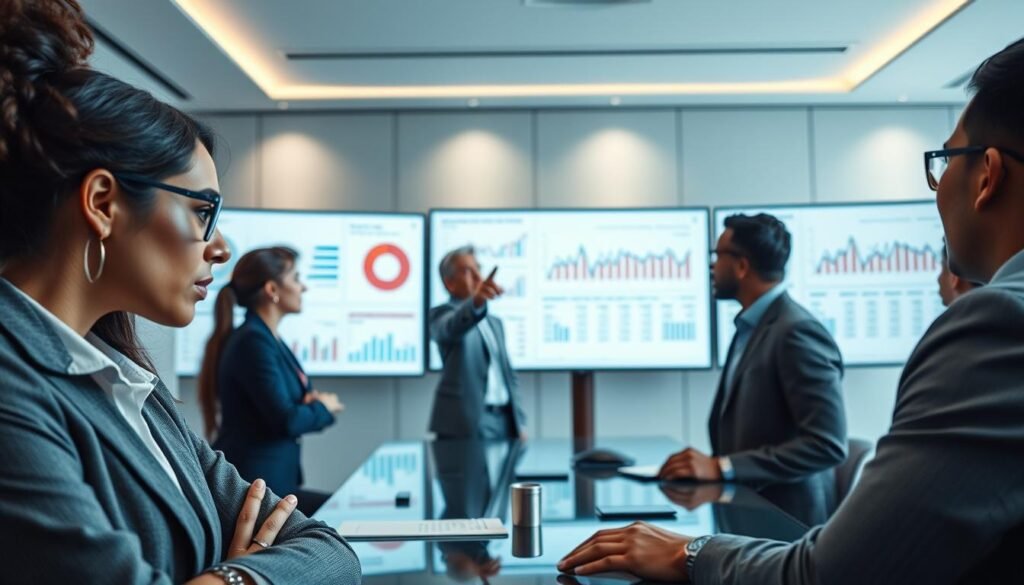 A modern, professional workspace showcasing a diverse group of individuals analyzing data on large screens. In the foreground, a focused woman in business attire examines charts that depict audience analysis metrics, with visible indicators of fatigue in the data. In the middle, a man points at graphs on a touchscreen display, illustrating engagement trends related to "line lap廣告" strategies. The background features a sleek conference room with soft, ambient lighting, enhancing the serious atmosphere of critical analysis. The overall mood conveys determination and insight as the team collaborates on improving advertising effectiveness, with a color palette of cool blues and grays reflecting professionalism and clarity.