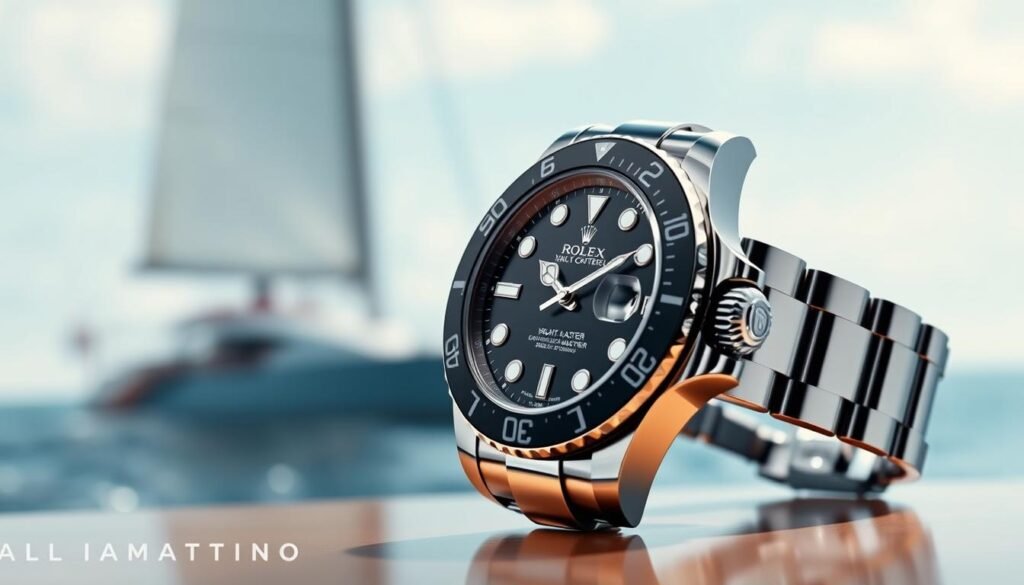 A Rolex Yacht-Master watch prominently displayed in the foreground, showcasing its sleek design and distinctive features such as the sandblasted bezel and elegant watch face. The watch is set against a soft-focus nautical background, featuring subtle hints of a sailing scene, like blurred waves and the faint silhouette of a yacht, evoking a sense of adventure and luxury. The lighting is bright and sophisticated, accentuating the watch’s high-gloss finish and intricate details. Shot at a slightly tilted angle to give the image a dynamic feel, the overall atmosphere is one of elegance and sporty luxury, perfect for highlighting the allure of the Rolex Yacht-Master as a prestigious timepiece.