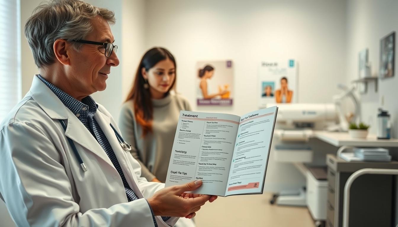 A clinical scene depicting a dermatologist consulting with a patient about eczema treatment options. In the foreground, a compassionate healthcare professional, wearing a white lab coat and glasses, attentively explains a treatment plan using an open brochure displaying various topical creams and lifestyle tips. The patient, dressed in comfortable, modest clothing, listens carefully, conveying a sense of trust and curiosity. In the middle ground, a bright, well-equipped examination room is visible, featuring dermatological instruments and skincare posters, creating a professional atmosphere. The background shows a serene color palette with soft lighting that emphasizes a sense of comfort and understanding. The overall mood is informative and hopeful, focusing on effective communication in eczema management.
