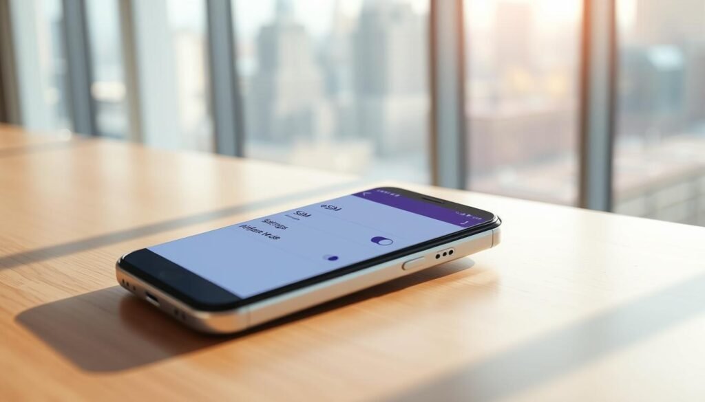 A modern smartphone displaying a vibrant eSIM settings menu, prominently featuring the "Airplane Mode" toggle. The smartphone is placed on a sleek wooden desk with a subtle, reflective surface. In the background, a city skyline can be seen through a large window, hinting at a busy environment. Soft, natural lighting fills the space, creating a warm and inviting atmosphere. The focus is sharp on the smartphone, while the background remains slightly blurred to emphasize the subject. The color palette is clean and high-tech, featuring whites, silvers, and hints of blue, symbolizing connectivity and modern technology. The scene conveys a sense of professionalism and clarity, ideal for illustrating the importance of using airplane mode while traveling.