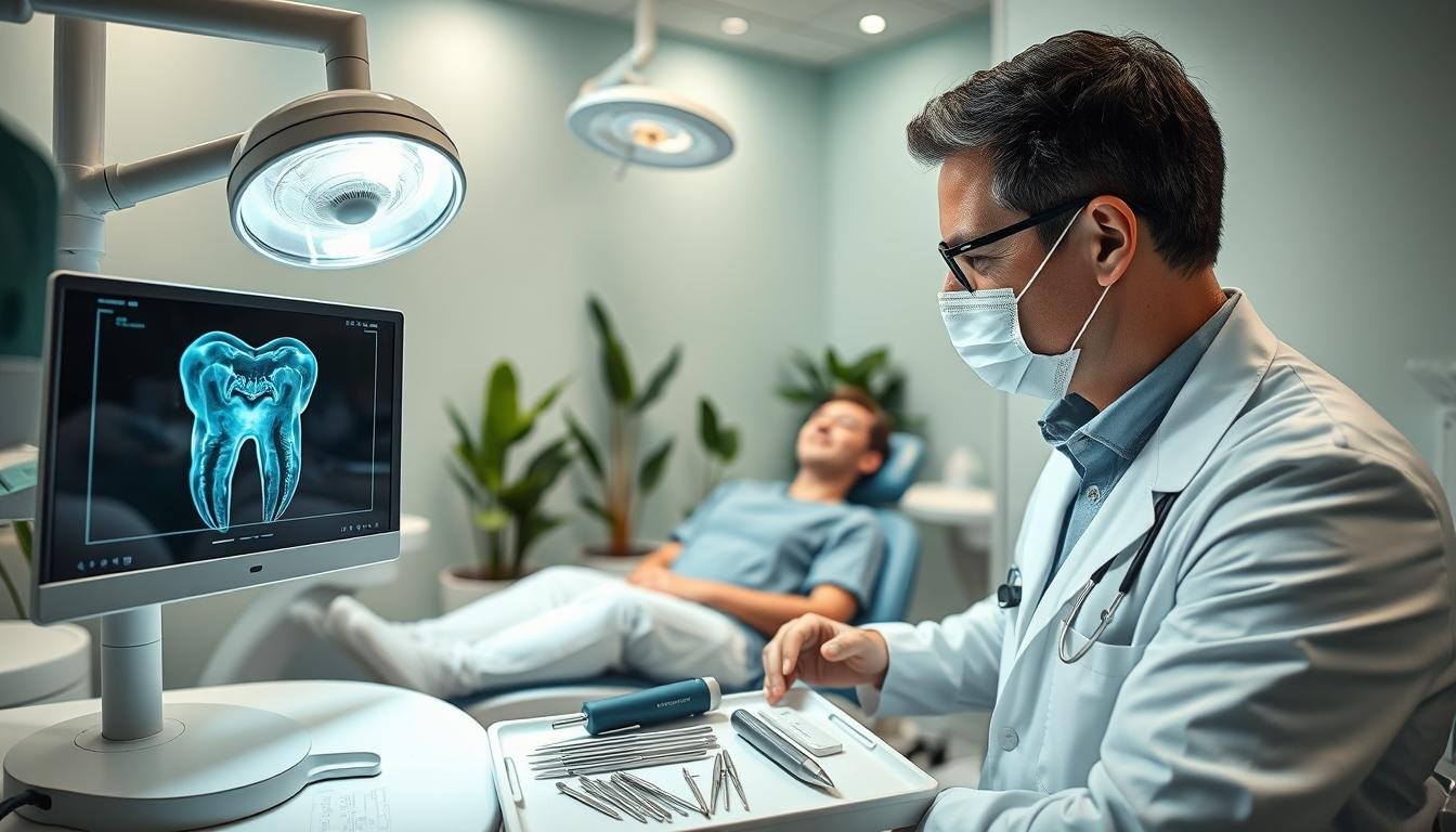 A modern dental clinic interior focusing on endodontic treatment, featuring a well-lit environment with soft, diffused lighting. In the foreground, a skilled dentist in professional attire examines an X-ray image of a tooth with visible pulp issues under a magnifying lamp. The middle ground showcases a dental patient in a reclining chair, looking relaxed while surrounded by advanced dental equipment, such as an endodontic motor and various dental tools, which are neatly organized on a tray. The background displays calming green and blue tones with plants for a soothing atmosphere, hinting at a clean, sterile environment essential for dental procedures. The scene conveys professionalism and care, emphasizing the importance of addressing pulp issues in dental practice.
